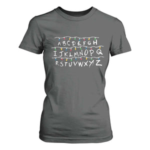 Funny Stranger Christmas T Shirt For Women Alphabet Xmas Lights Movie TS11 Dark Heather Print Your Wear