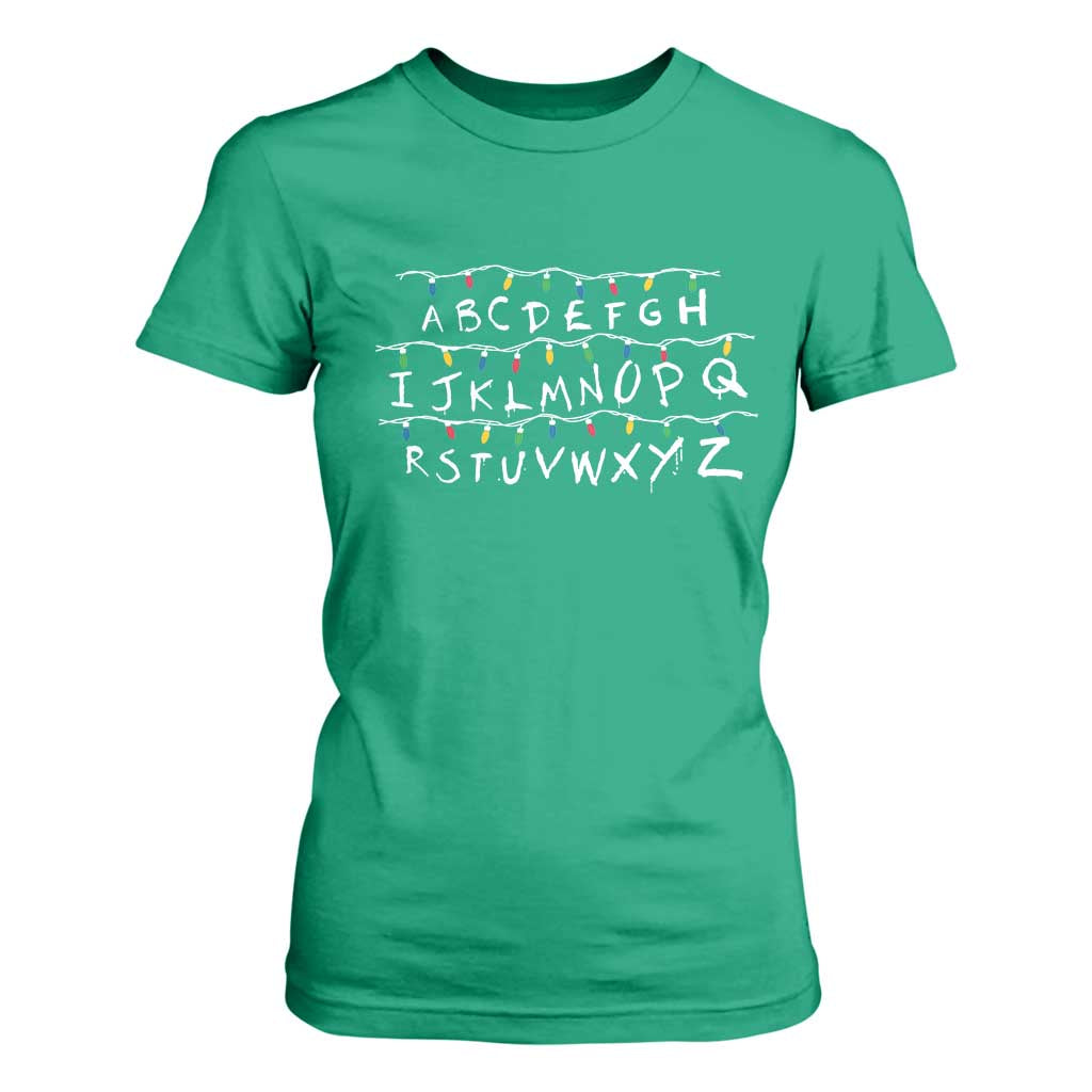 Funny Stranger Christmas T Shirt For Women Alphabet Xmas Lights Movie TS11 Irish Green Print Your Wear