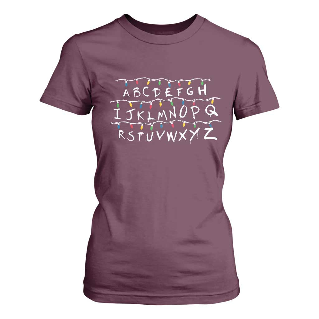 Funny Stranger Christmas T Shirt For Women Alphabet Xmas Lights Movie TS11 Maroon Print Your Wear