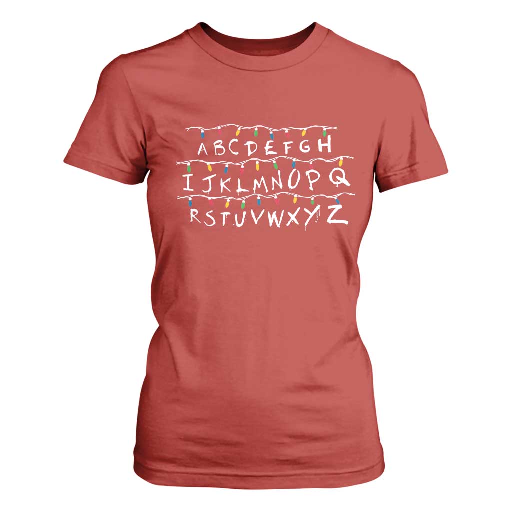 Funny Stranger Christmas T Shirt For Women Alphabet Xmas Lights Movie TS11 Red Print Your Wear