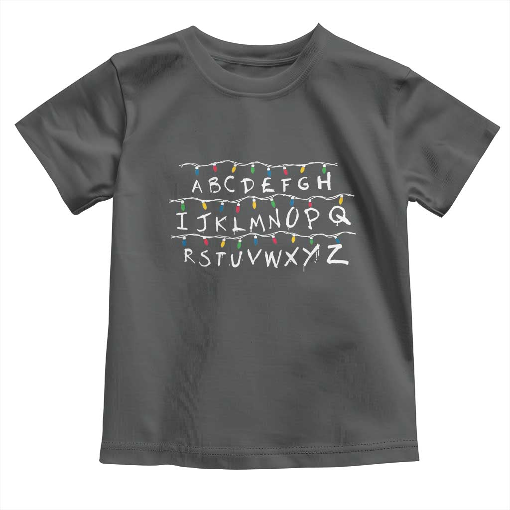 Funny Stranger Christmas Toddler T Shirt Alphabet Xmas Lights Movie TS11 Dark Heather Print Your Wear