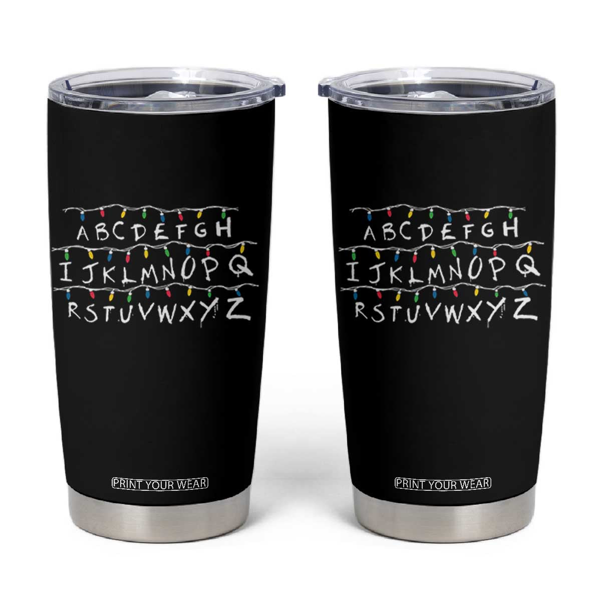 Funny Stranger Christmas Tumbler Cup Alphabet Xmas Lights Movie TS11 Black Print Your Wear
