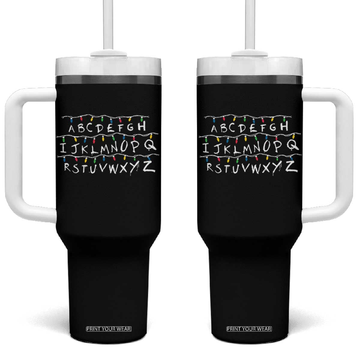 Funny Stranger Christmas Tumbler With Handle Alphabet Xmas Lights Movie TS11 One Size: 40 oz Black Print Your Wear