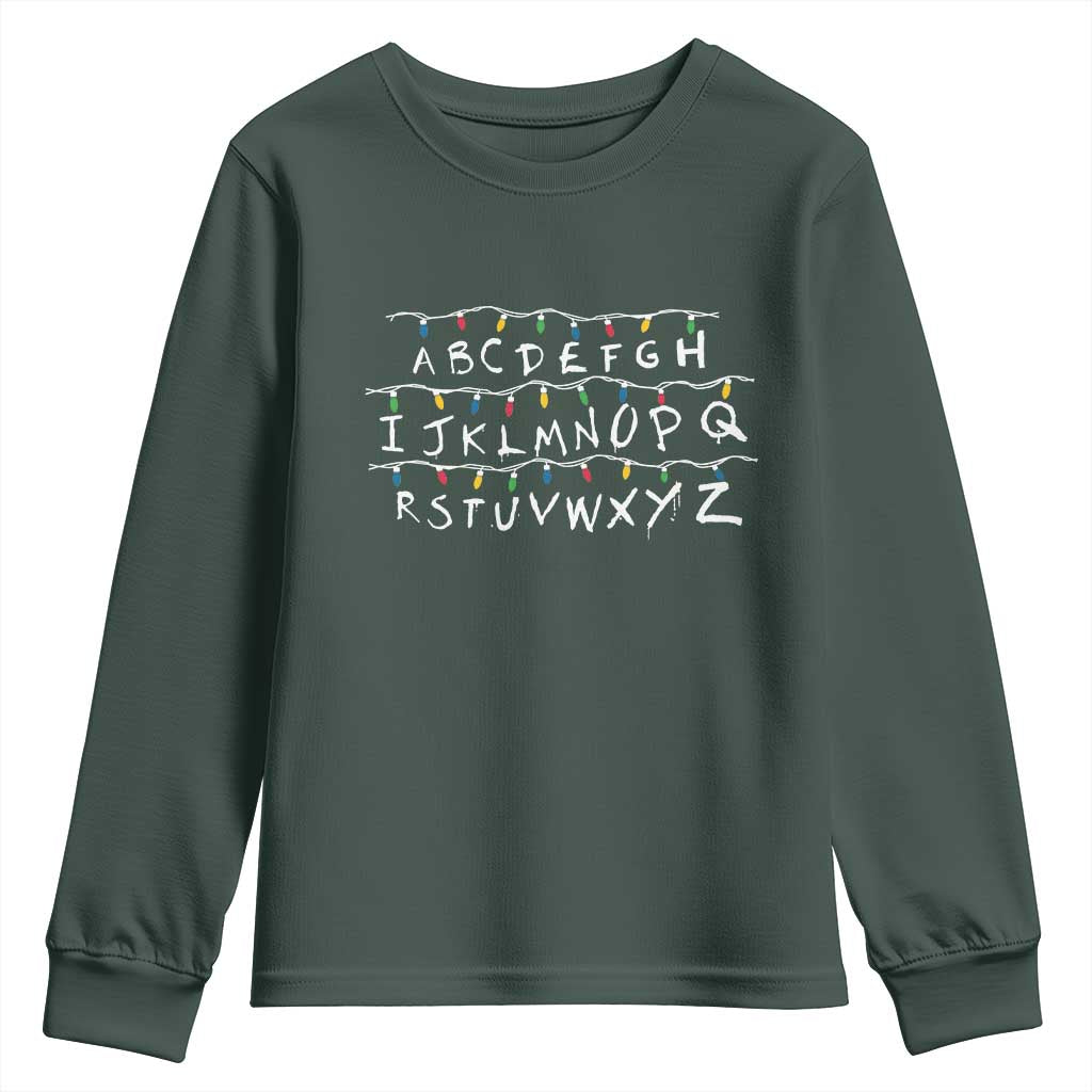 Funny Stranger Christmas Youth Sweatshirt Alphabet Xmas Lights Movie TS11 Dark Forest Green Print Your Wear