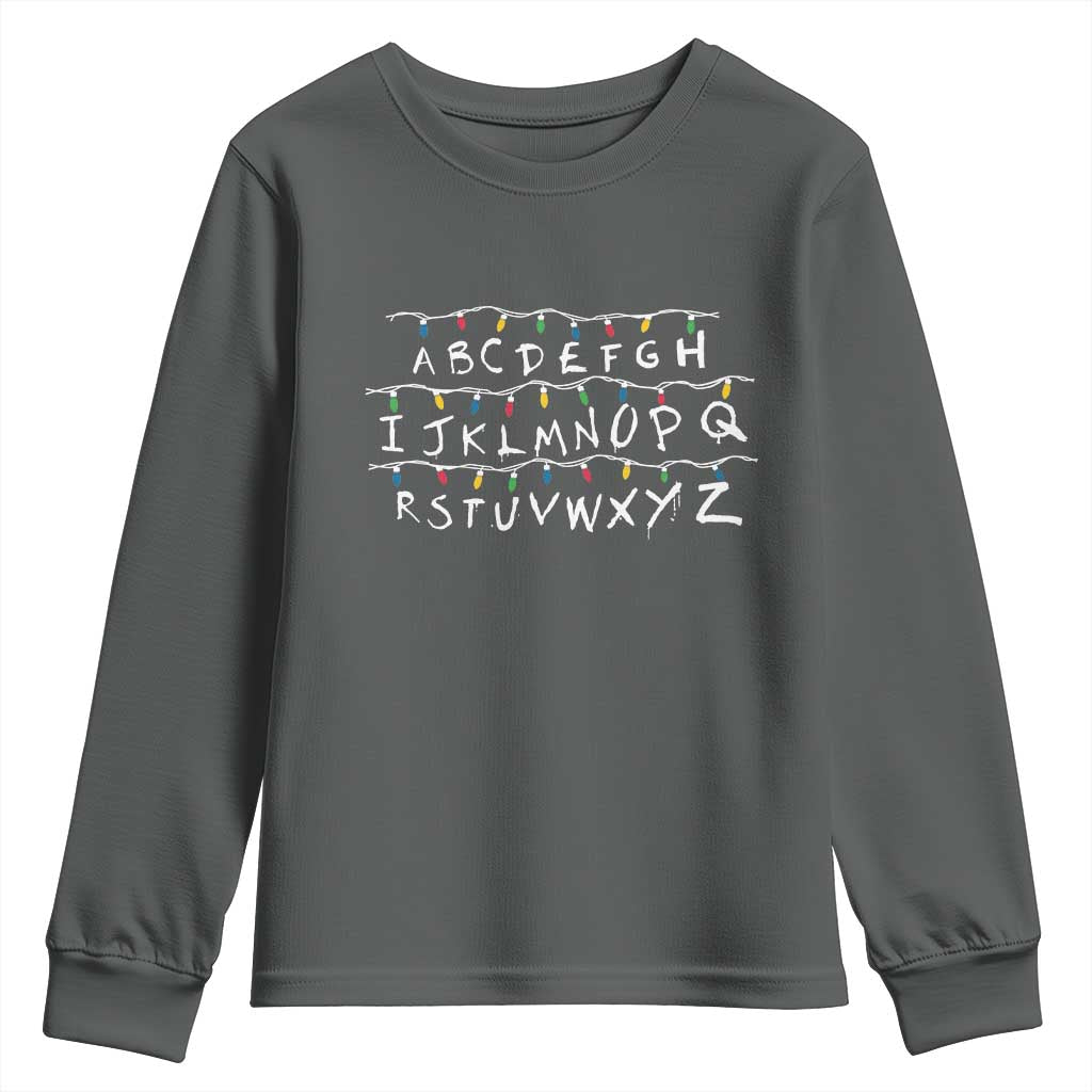 Funny Stranger Christmas Youth Sweatshirt Alphabet Xmas Lights Movie TS11 Dark Heather Print Your Wear