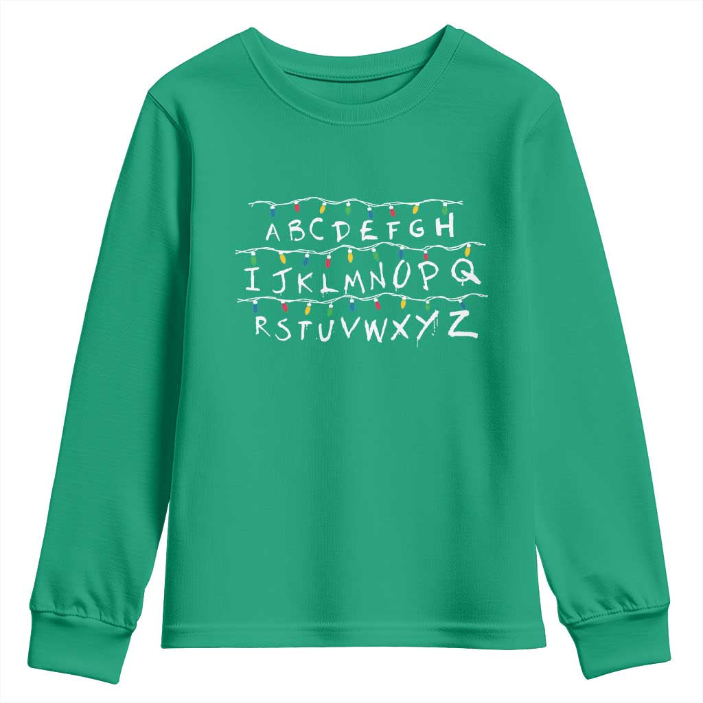 Funny Stranger Christmas Youth Sweatshirt Alphabet Xmas Lights Movie TS11 Irish Green Print Your Wear