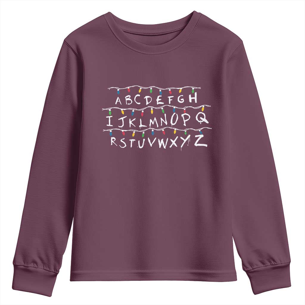 Funny Stranger Christmas Youth Sweatshirt Alphabet Xmas Lights Movie TS11 Maroon Print Your Wear