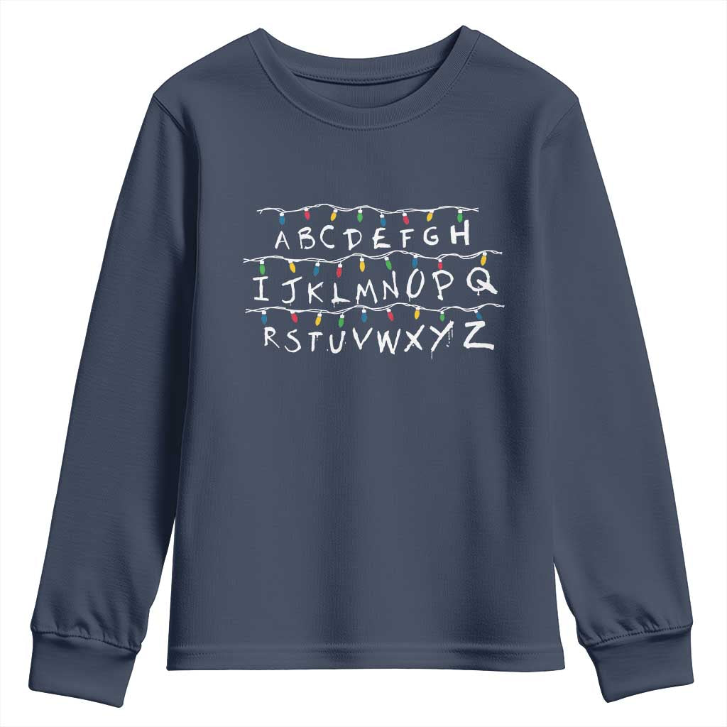 Funny Stranger Christmas Youth Sweatshirt Alphabet Xmas Lights Movie TS11 Navy Print Your Wear