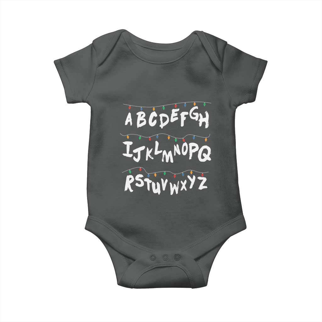 Funny Stranger Christmas Baby Onesie Alphabet Xmas Lights TS11 Dark Heather Print Your Wear