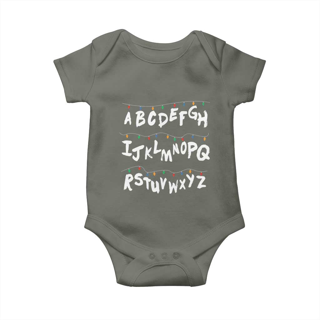 Funny Stranger Christmas Baby Onesie Alphabet Xmas Lights TS11 Military Green Print Your Wear