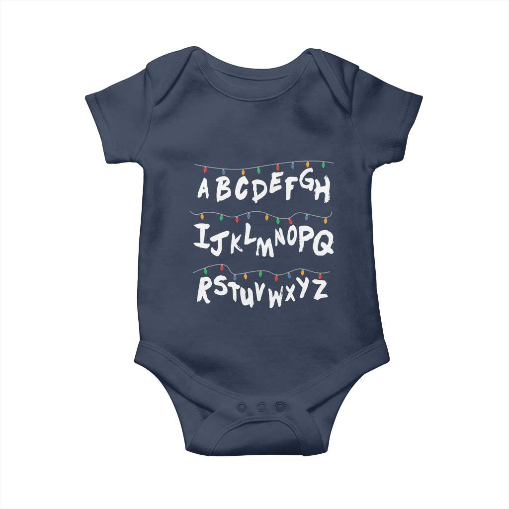 Funny Stranger Christmas Baby Onesie Alphabet Xmas Lights TS11 Navy Print Your Wear
