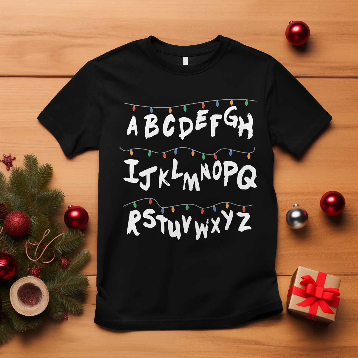 Funny Stranger Christmas T Shirt Alphabet Xmas Lights TS11 Black Print Your Wear