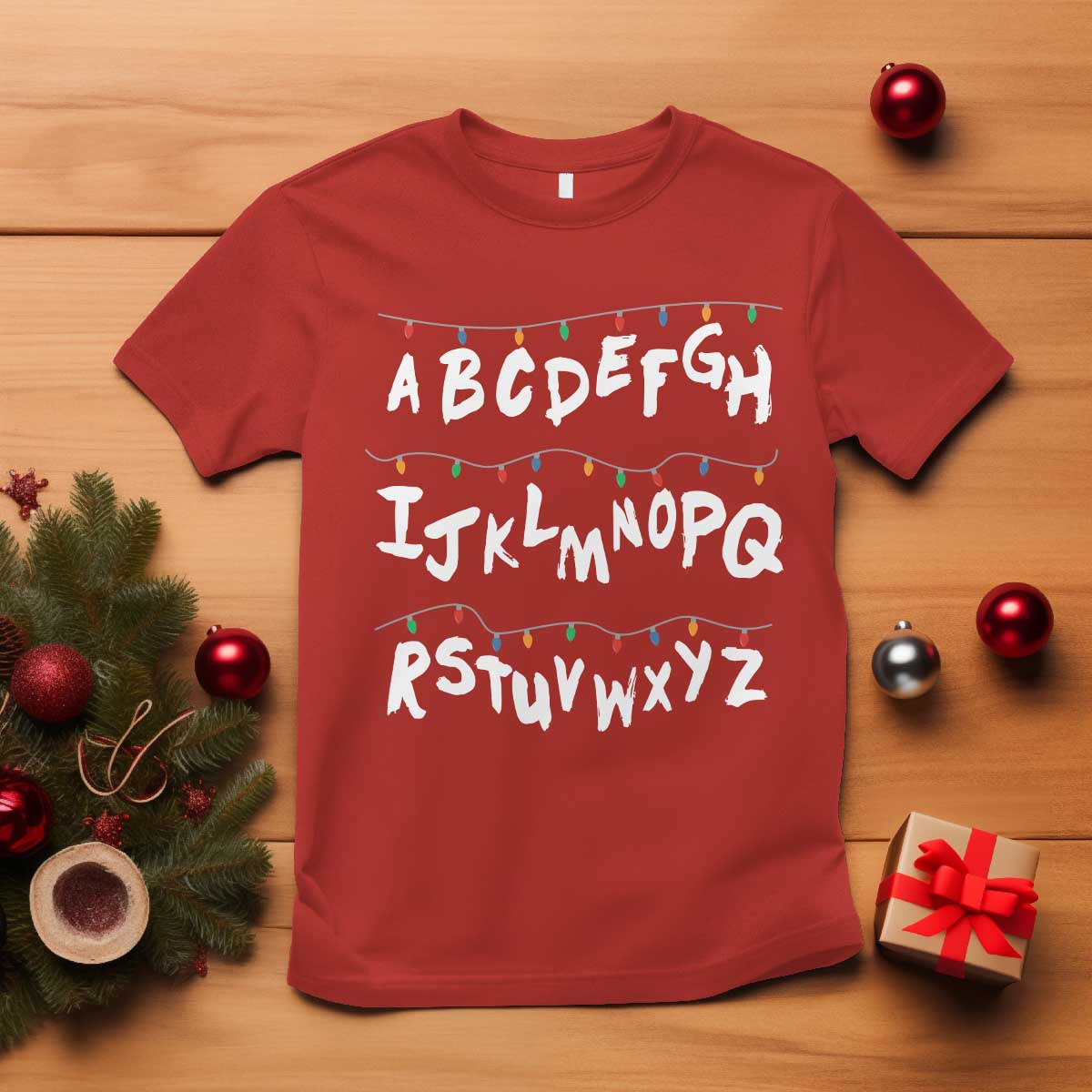 Funny Stranger Christmas T Shirt Alphabet Xmas Lights TS11 Red Print Your Wear
