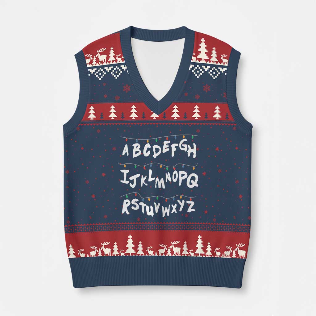 Funny Stranger Xmas V-Neck Knit Sweater Vest Alphabet Xmas Lights TS11 Navy Red Print Your Wear