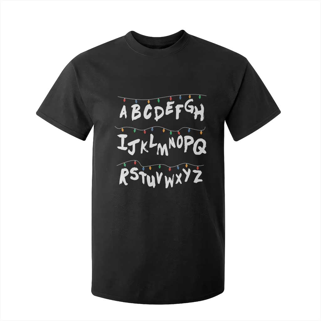 Funny Stranger Christmas T Shirt For Kid Alphabet Xmas Lights TS11 Black Print Your Wear