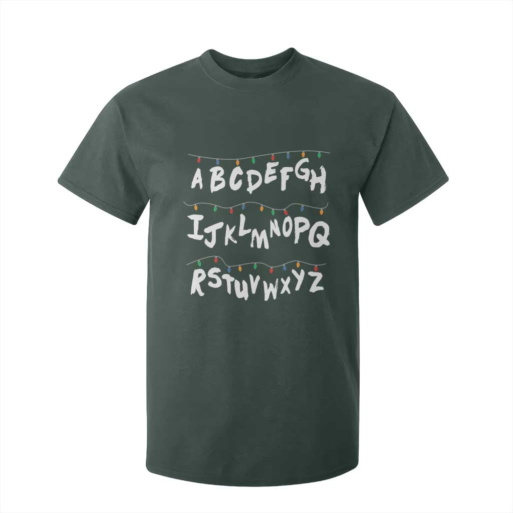 Funny Stranger Christmas T Shirt For Kid Alphabet Xmas Lights TS11 Dark Forest Green Print Your Wear