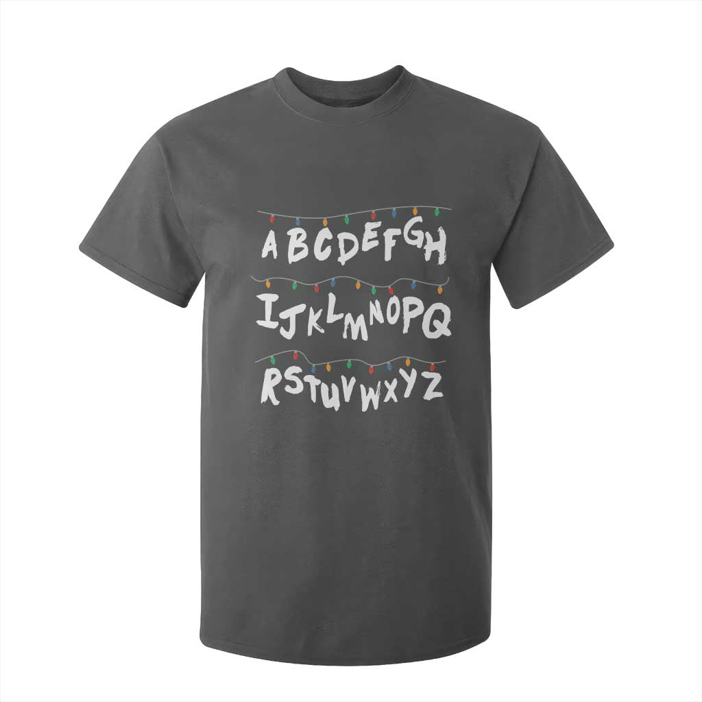 Funny Stranger Christmas T Shirt For Kid Alphabet Xmas Lights TS11 Dark Heather Print Your Wear