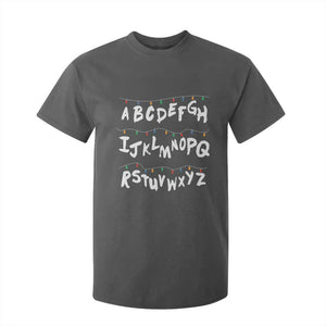Funny Stranger Christmas T Shirt For Kid Alphabet Xmas Lights TS11 Dark Heather Print Your Wear
