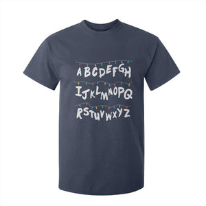 Funny Stranger Christmas T Shirt For Kid Alphabet Xmas Lights TS11 Navy Print Your Wear