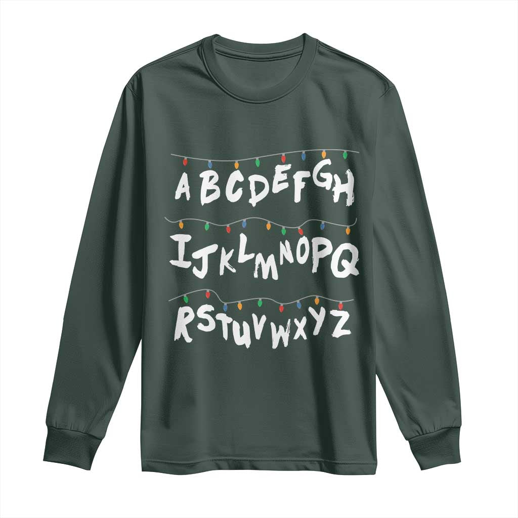 Funny Stranger Christmas Long Sleeve Shirt Alphabet Xmas Lights TS11 Dark Forest Green Print Your Wear