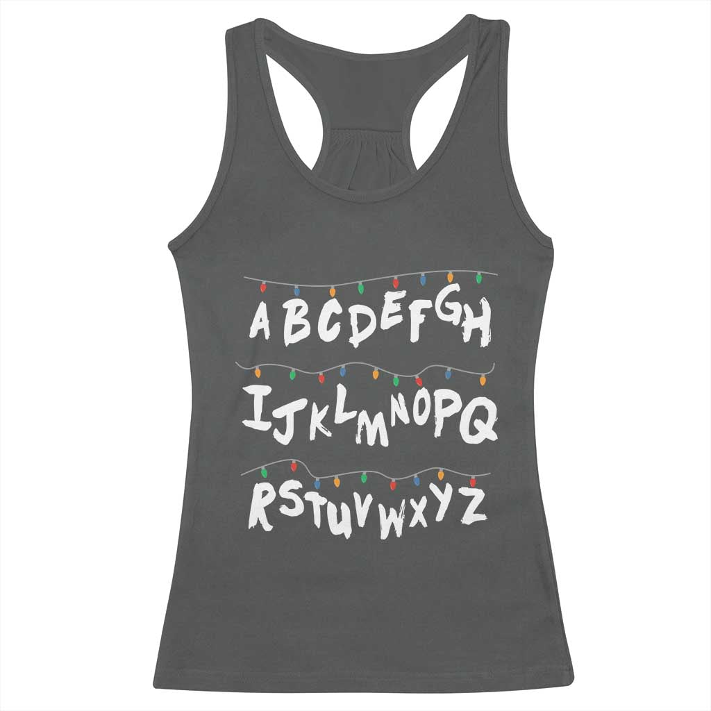 Funny Stranger Christmas Racerback Tank Top Alphabet Xmas Lights TS11 Dark Heather Print Your Wear