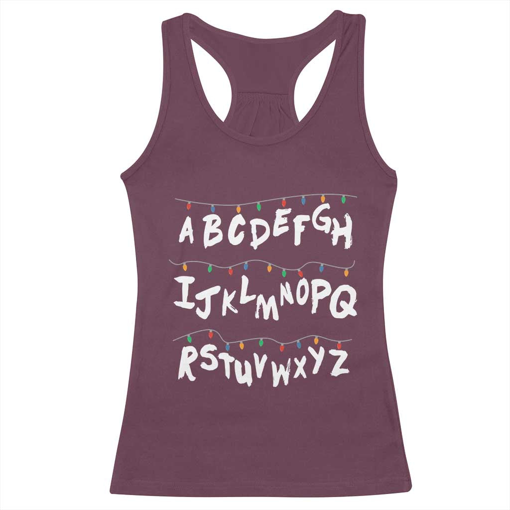 Funny Stranger Christmas Racerback Tank Top Alphabet Xmas Lights TS11 Maroon Print Your Wear