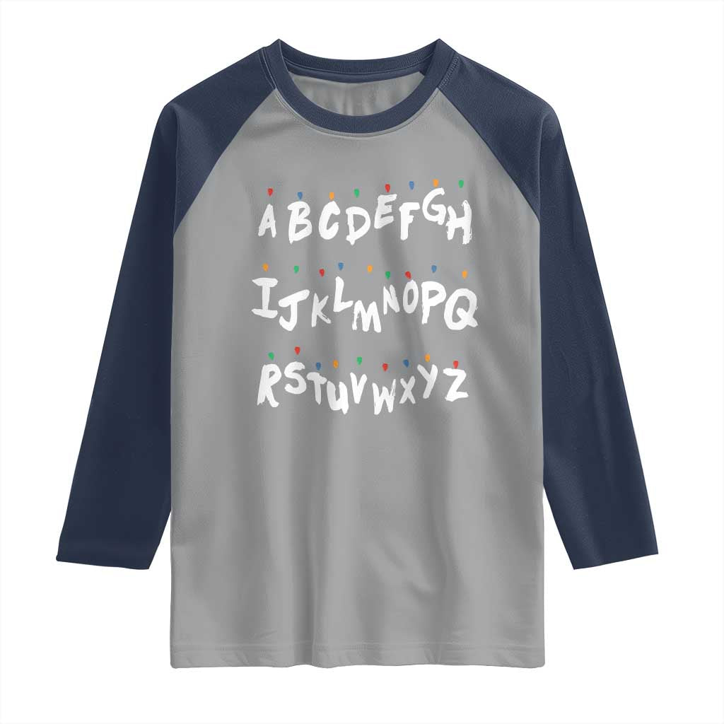 Funny Stranger Christmas Raglan Shirt Alphabet Xmas Lights TS11 Sport Gray Navy Print Your Wear