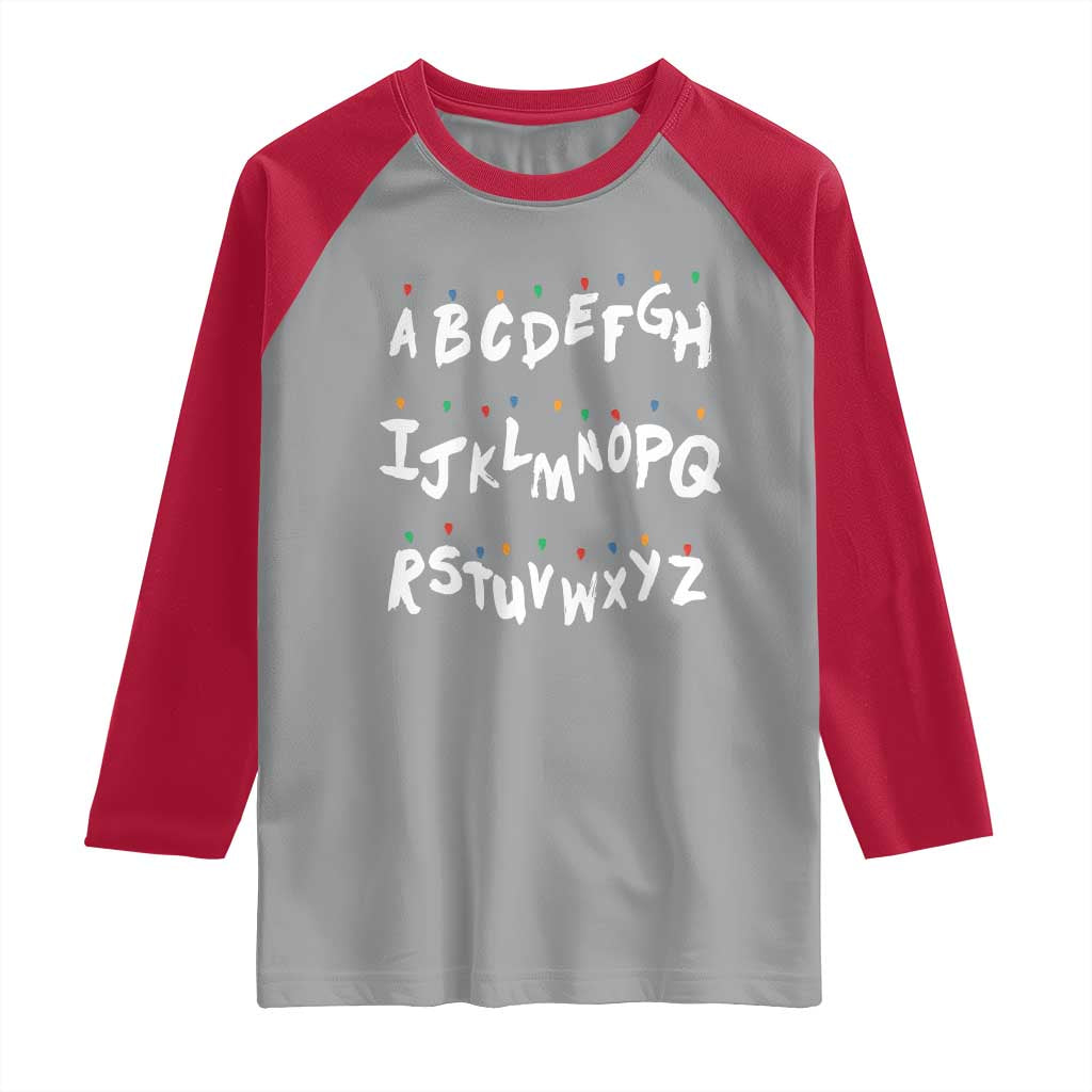 Funny Stranger Christmas Raglan Shirt Alphabet Xmas Lights TS11 Sport Gray Red Print Your Wear