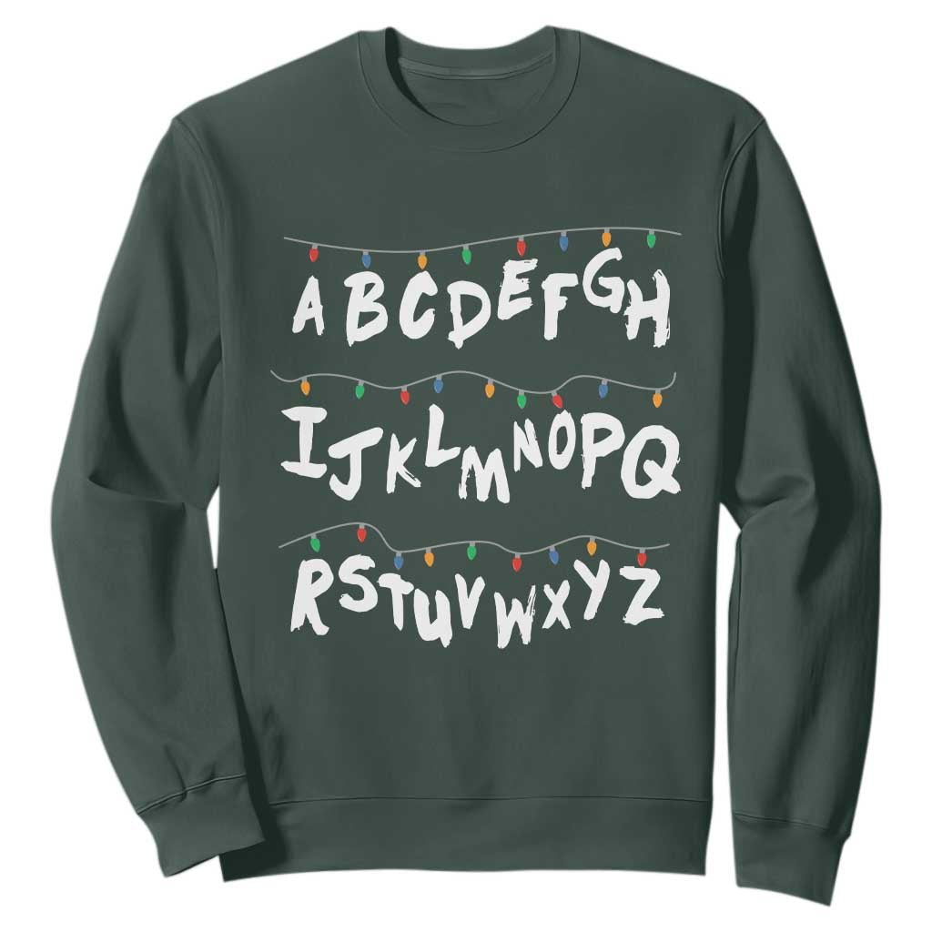 Funny Stranger Christmas Sweatshirt Alphabet Xmas Lights TS11 Dark Forest Green Print Your Wear