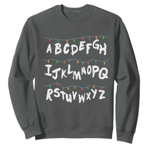 Funny Stranger Christmas Sweatshirt Alphabet Xmas Lights TS11 Dark Heather Print Your Wear