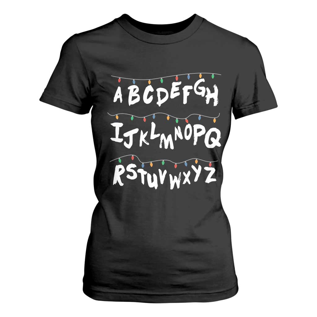 Funny Stranger Christmas T Shirt For Women Alphabet Xmas Lights TS11 Black Print Your Wear