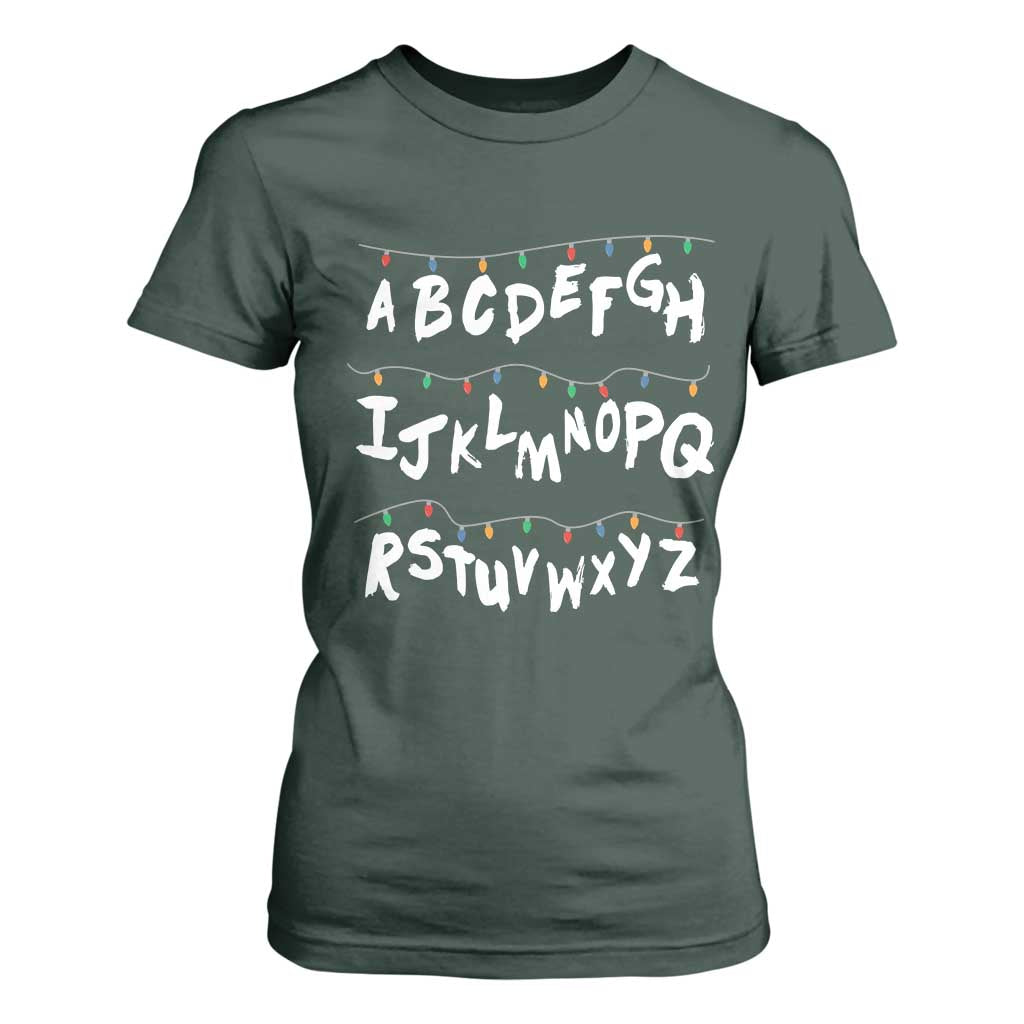 Funny Stranger Christmas T Shirt For Women Alphabet Xmas Lights TS11 Dark Forest Green Print Your Wear
