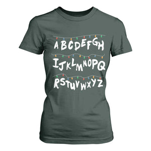 Funny Stranger Christmas T Shirt For Women Alphabet Xmas Lights TS11 Dark Forest Green Print Your Wear