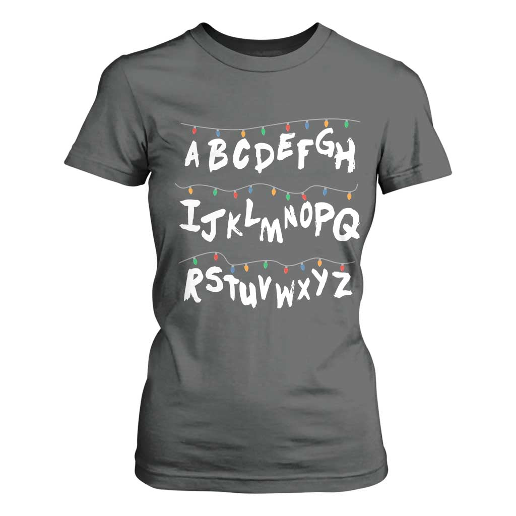 Funny Stranger Christmas T Shirt For Women Alphabet Xmas Lights TS11 Dark Heather Print Your Wear