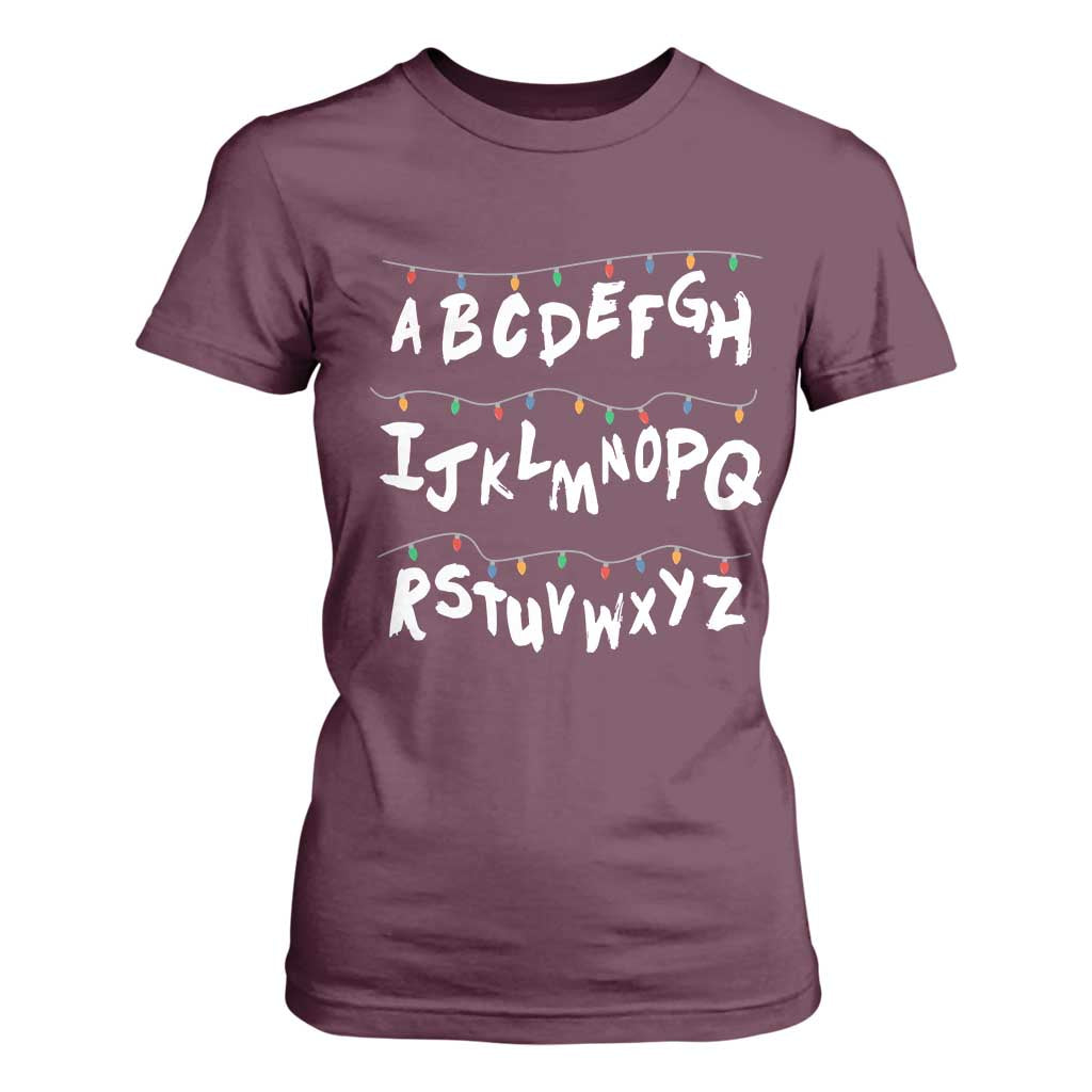 Funny Stranger Christmas T Shirt For Women Alphabet Xmas Lights TS11 Maroon Print Your Wear