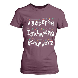 Funny Stranger Christmas T Shirt For Women Alphabet Xmas Lights TS11 Maroon Print Your Wear