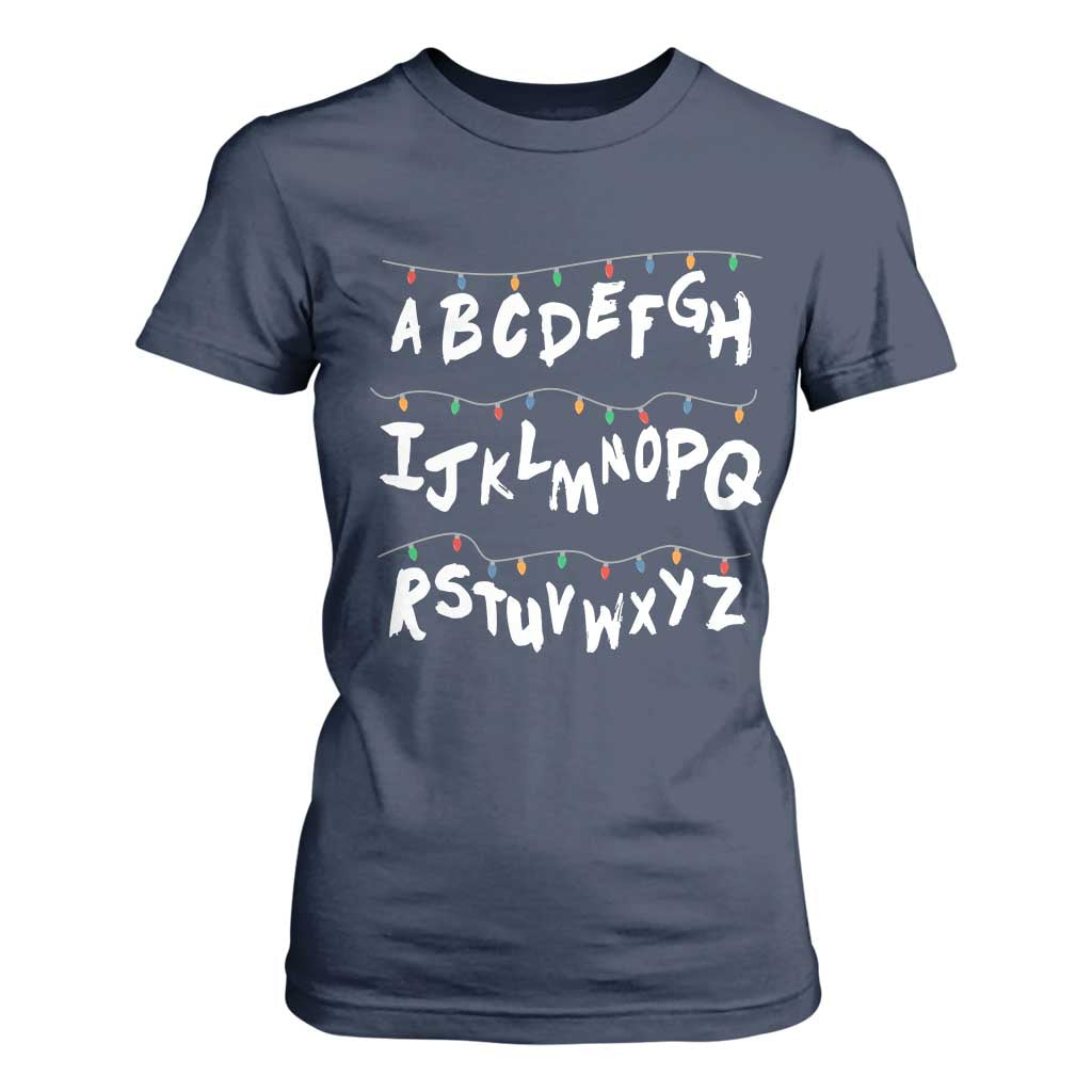 Funny Stranger Christmas T Shirt For Women Alphabet Xmas Lights TS11 Navy Print Your Wear