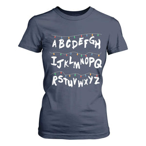 Funny Stranger Christmas T Shirt For Women Alphabet Xmas Lights TS11 Navy Print Your Wear