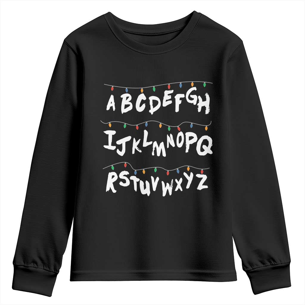 Funny Stranger Christmas Youth Sweatshirt Alphabet Xmas Lights TS11 Black Print Your Wear