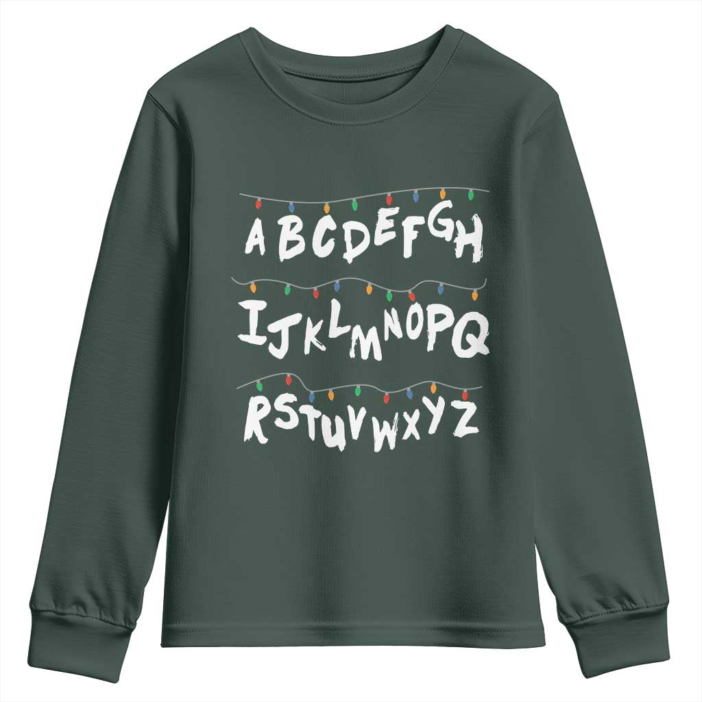 Funny Stranger Christmas Youth Sweatshirt Alphabet Xmas Lights TS11 Dark Forest Green Print Your Wear