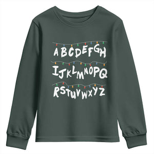 Funny Stranger Christmas Youth Sweatshirt Alphabet Xmas Lights TS11 Dark Forest Green Print Your Wear
