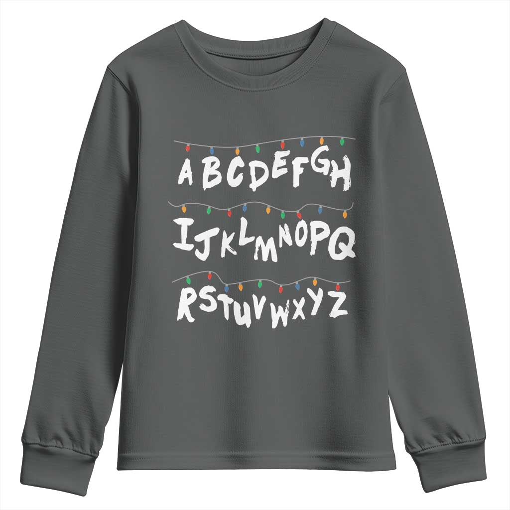 Funny Stranger Christmas Youth Sweatshirt Alphabet Xmas Lights TS11 Dark Heather Print Your Wear