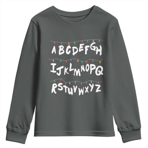 Funny Stranger Christmas Youth Sweatshirt Alphabet Xmas Lights TS11 Dark Heather Print Your Wear