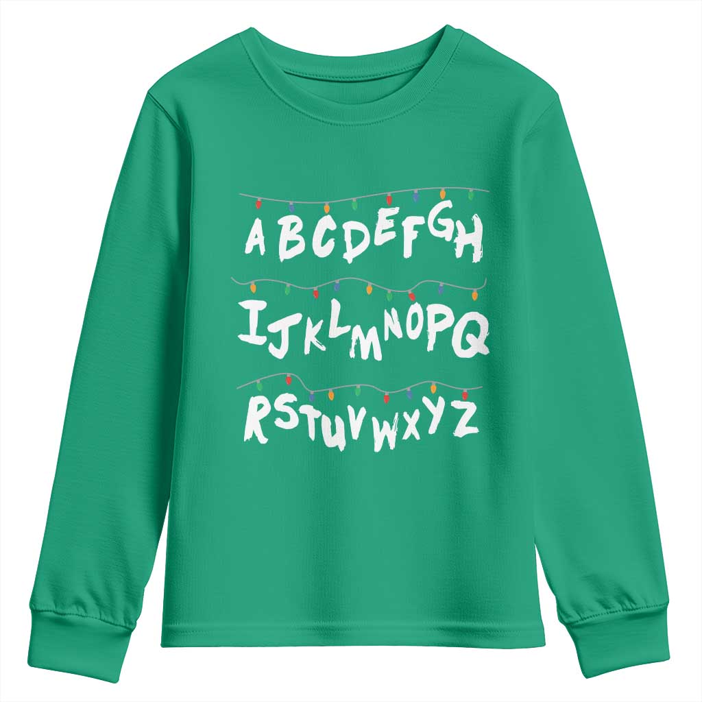 Funny Stranger Christmas Youth Sweatshirt Alphabet Xmas Lights TS11 Irish Green Print Your Wear