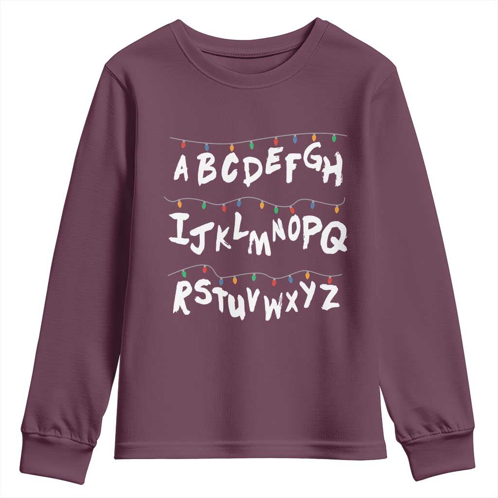 Funny Stranger Christmas Youth Sweatshirt Alphabet Xmas Lights TS11 Maroon Print Your Wear