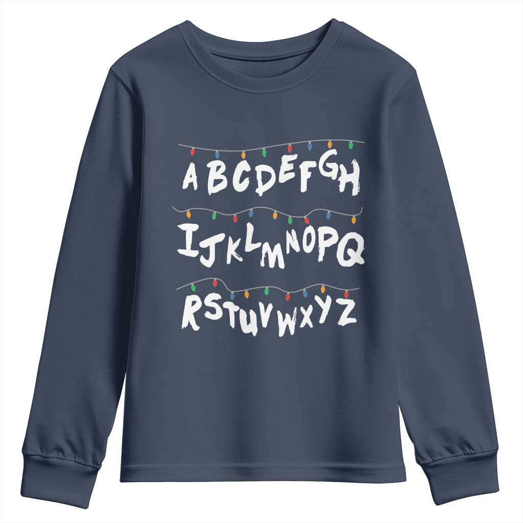 Funny Stranger Christmas Youth Sweatshirt Alphabet Xmas Lights TS11 Navy Print Your Wear
