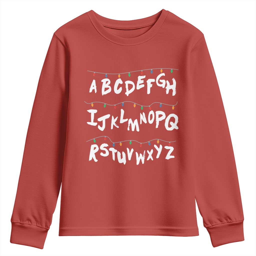 Funny Stranger Christmas Youth Sweatshirt Alphabet Xmas Lights TS11 Red Print Your Wear