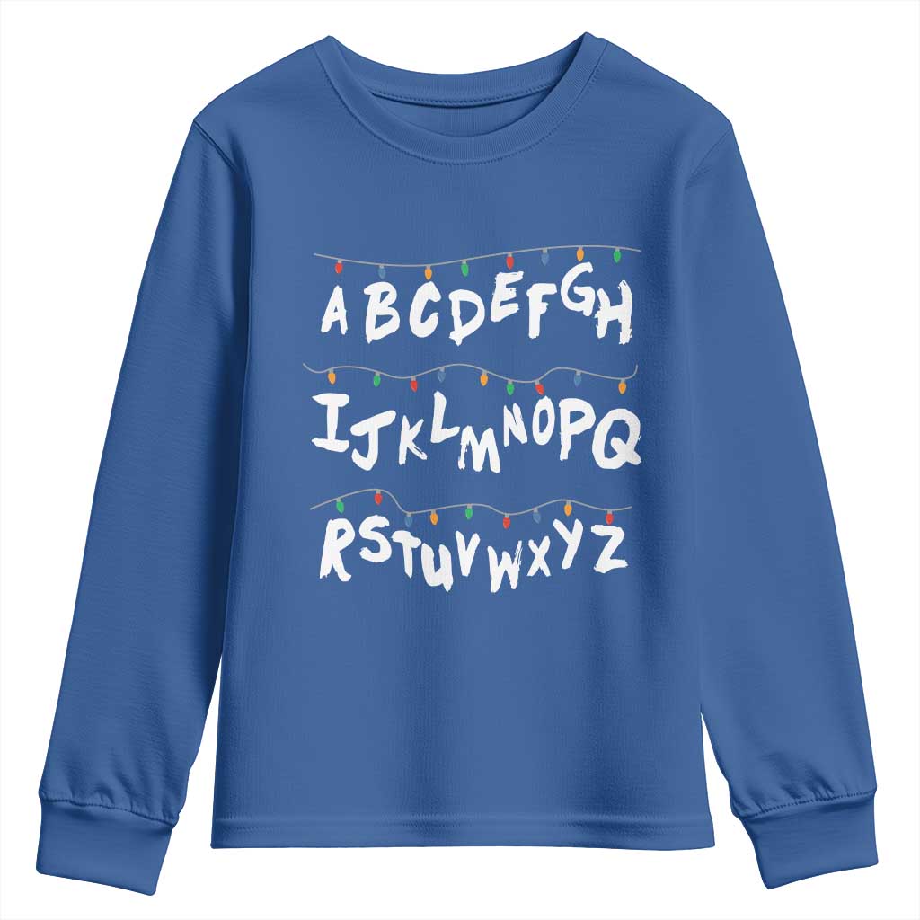 Funny Stranger Christmas Youth Sweatshirt Alphabet Xmas Lights TS11 Royal Blue Print Your Wear