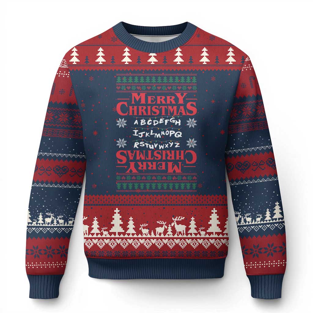 Funny Stranger Xmas Ugly Christmas Sweater Merry Xmas Alphabet Neon Lights Movie TS11 Navy Red Print Your Wear