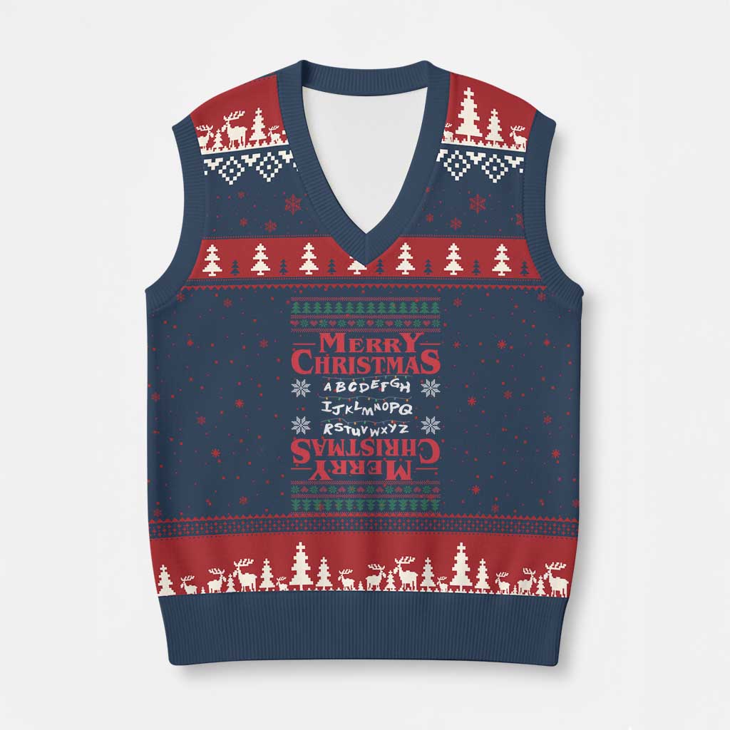 Funny Stranger Xmas V-Neck Knit Sweater Vest Merry Xmas Alphabet Neon Lights Movie TS11 Navy Red Print Your Wear